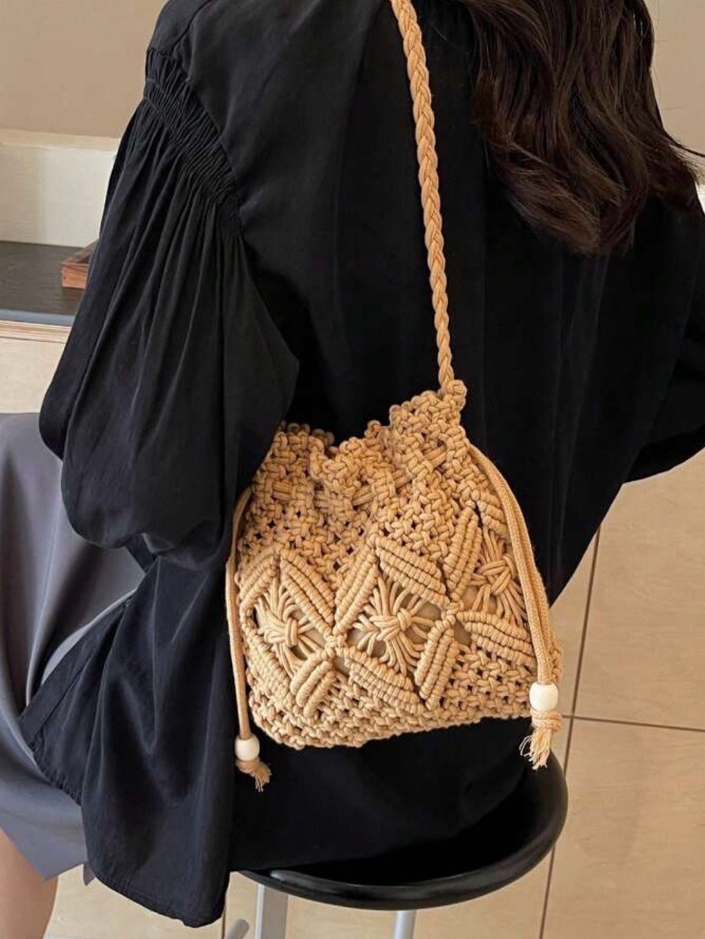 Boho Macrame Drawstring Shoulder Bag in Tan